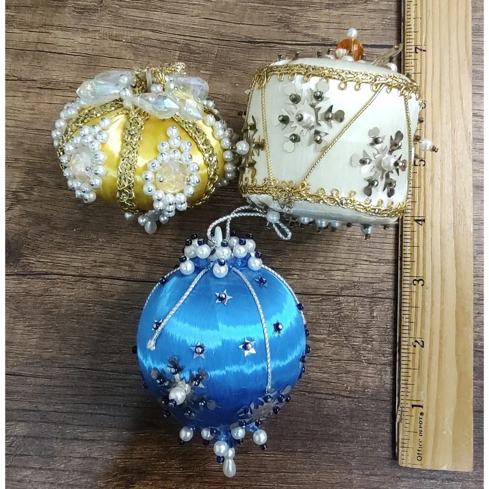 Lot Of 3 Handmade Push Pin Beaded Sequin Christmas Ornament MCM Vintage A17